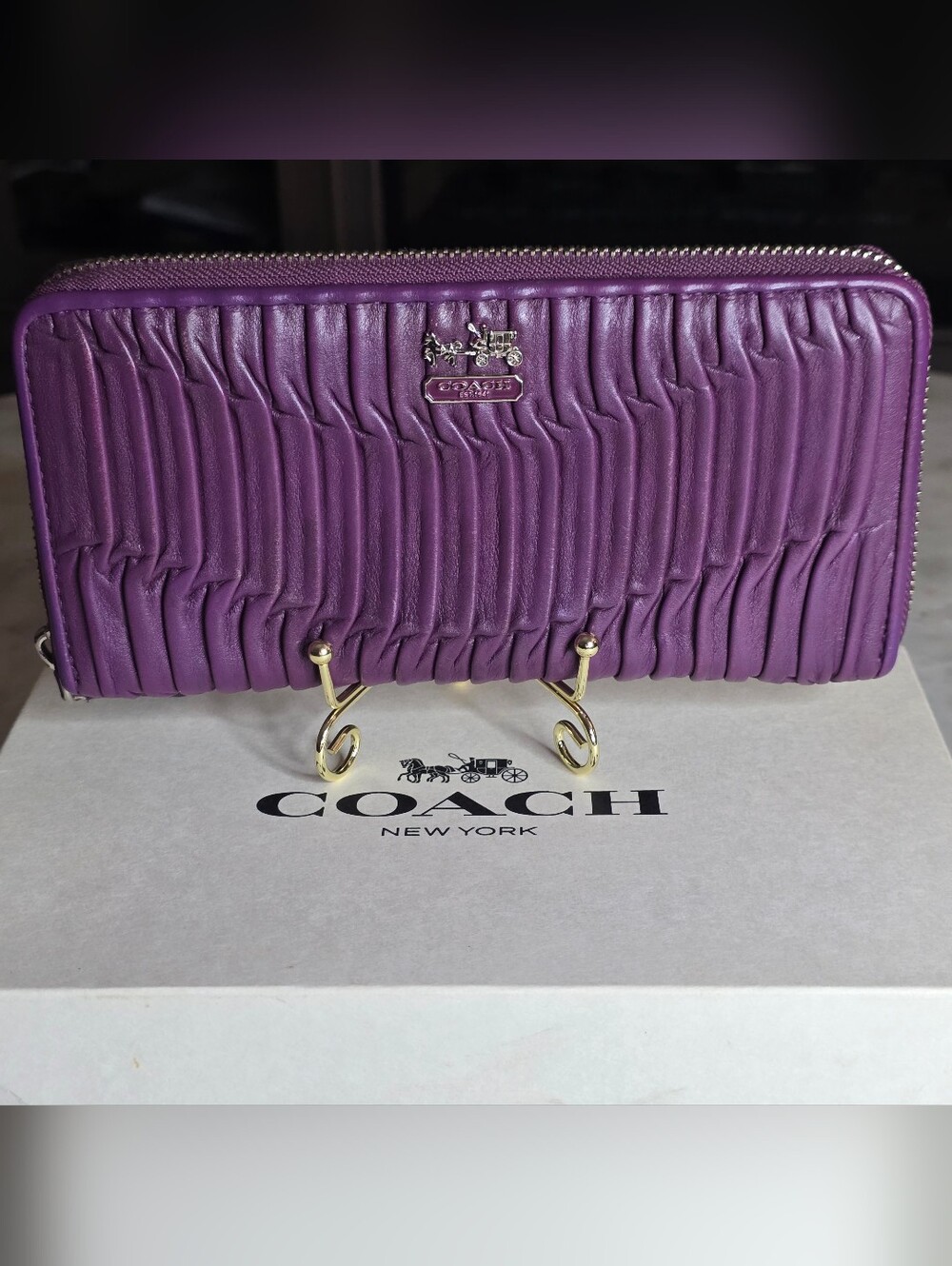Coach Madison Purple Gathered Leather Zip-around Wallet W/ Dustbag & Box